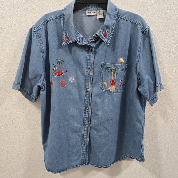 Vintage Cabin Creek Denim Shirt XL Embroidered Palm Trees Seashells Womens Y2K - Picture 3 of 12